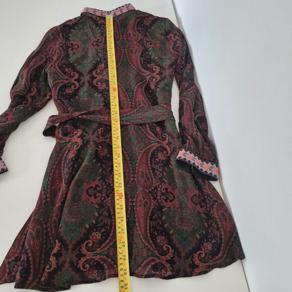 ZARA Jacquard Ribbon Dress , Long Sleeve Midi, Deep Green & Burgundy , Boho XS - Picture 12 of 15